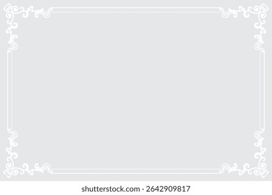 Elements of ornate vintage frames. Border white on silver classic calligraphy swirls, floral motifs. Design print for greeting cards, wedding invitations, restaurant menu, royal certificates. Set 297