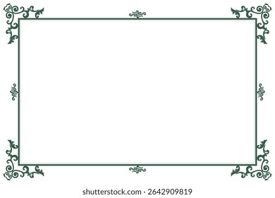 Elements of ornate vintage frames. Border green on white classic calligraphy swirls, floral motifs. Design print for greeting cards, wedding invitations, restaurant menu, royal certificates. Set 293
