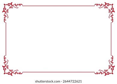 Elements of ornate vintage frames. Border red on white classic calligraphy swirls, floral motifs. Design print for greeting cards, wedding invitations, restaurant menu, royal certificates. Set 323
