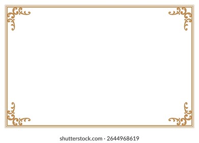 Elements of ornate vintage frames. Border gold on white classic calligraphy swirls, floral motifs. Design print for greeting cards, wedding invitations, restaurant menu, royal certificates. Set 346
