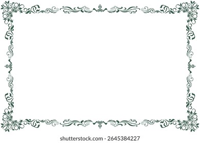 Elements of ornate vintage frames. Border green on white classic calligraphy swirls, floral motifs. Design print for greeting cards, wedding invitations, restaurant menu, royal certificates. Set 371