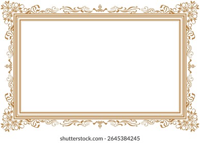 Elements of ornate vintage frames. Border gold on white classic calligraphy swirls, floral motifs. Design print for greeting cards, wedding invitations, restaurant menu, royal certificates. Set 370