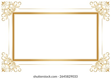 Elements of ornate vintage frames. Border gold on white classic calligraphy swirls, floral motifs. Design print for greeting cards, wedding invitations, restaurant menu, royal certificates. Set 376