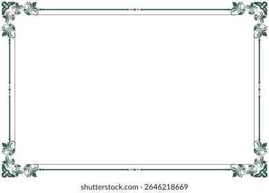 Elements of ornate vintage frames. Border green on white classic calligraphy swirls, floral motifs. Design print for greeting cards, wedding invitations, restaurant menu, royal certificates. Set 405
