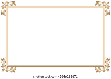 Elements of ornate vintage frames. Border gold on white classic calligraphy swirls, floral motifs. Design print for greeting cards, wedding invitations, restaurant menu, royal certificates. Set 402
