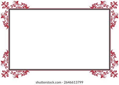 Elements of ornate vintage frames. Border red and black on white classic calligraphy swirls, floral motifs. Design print for greeting cards, invitations, restaurant menu, royal certificates. Set 427