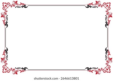 Elements of ornate vintage frames. Border red and black on white classic calligraphy swirls, floral motifs. Design print for greeting cards, invitations, restaurant menu, royal certificates. Set 425
