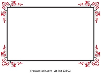 Elements of ornate vintage frames. Border red and black on white classic calligraphy swirls, floral motifs. Design print for greeting cards, invitations, restaurant menu, royal certificates. Set 422