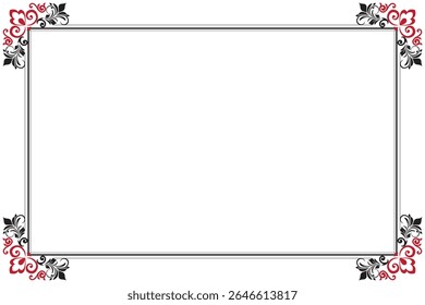 Elements of ornate vintage frames. Border red and black on white classic calligraphy swirls, floral motifs. Design print for greeting cards, invitations, restaurant menu, royal certificates. Set 417