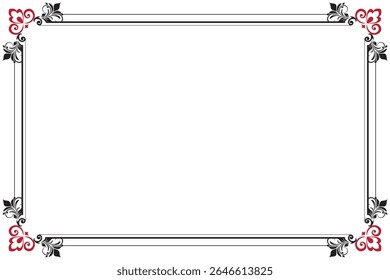Elements of ornate vintage frames. Border red and black on white classic calligraphy swirls, floral motifs. Design print for greeting cards, invitations, restaurant menu, royal certificates. Set 419