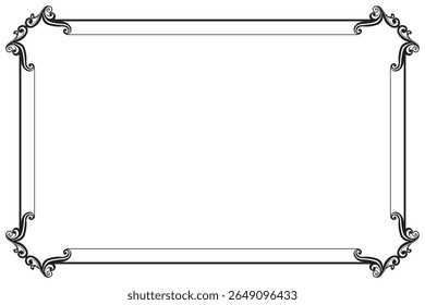 Elements of ornate vintage frames. Border black on white classic calligraphy swirls, floral motifs. Design print for greeting cards, wedding invitations, restaurant menu, royal certificates. Set 466
