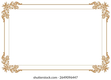Elements of ornate vintage frames. Border gold on white classic calligraphy swirls, floral motifs. Design print for greeting cards, wedding invitations, restaurant menu, royal certificates. Set 471
