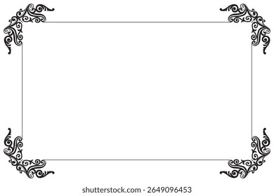 Elements of ornate vintage frames. Border black on white classic calligraphy swirls, floral motifs. Design print for greeting cards, wedding invitations, restaurant menu, royal certificates. Set 472
