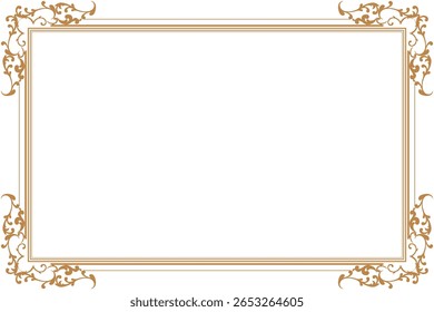Elements of ornate vintage frames. Border gold on white classic calligraphy swirls, floral motifs. Design print for greeting cards, wedding invitations, restaurant menu, royal certificates. Set 497
