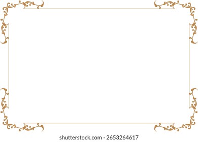Elements of ornate vintage frames. Border gold on white classic calligraphy swirls, floral motifs. Design print for greeting cards, wedding invitations, restaurant menu, royal certificates. Set 493
