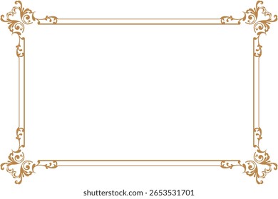 Elements of ornate vintage frames. Border gold on white classic calligraphy swirls, floral motifs. Design print for greeting cards, wedding invitations, restaurant menu, royal certificates. Set 510
