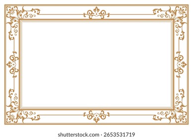 Elements of ornate vintage frames. Border gold on white classic calligraphy swirls, floral motifs. Design print for greeting cards, wedding invitations, restaurant menu, royal certificates. Set 513
