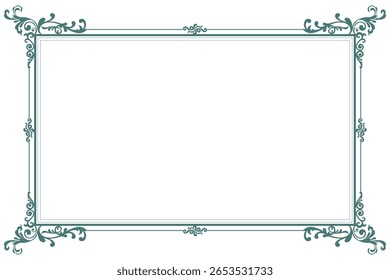 Elementos de quadros vintage ornamentados. Borda verde em redemoinhos de caligrafia clássica branca, motivos florais. Impressão de design para cartões de saudação, convites de casamento, menu de restaurante, certificados reais. Conjunto 507
