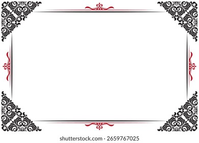 Elementos de marcos vintage adornados. Borde rojo y negro en blanco con remolinos de caligrafía clásica. Impresión de diseño para tarjetas de felicitación, invitaciones de boda, menú de restaurante, certificados reales. Conjunto 645
