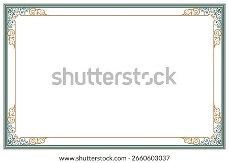 Elements of ornate vintage frames. Border gold and green on white classic calligraphy swirls. Design print for greeting cards, wedding invitations, restaurant menu, royal certificates. Set 678

