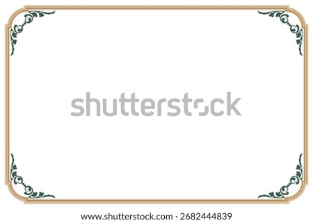 Elements of ornate vintage frames. Border green and gold lines swirls motifs. Design print for greeting cards, wedding invitations, restaurant menu, royal certificates. Set 1006
