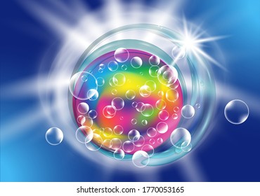 Elements Package design for laundry detergent and liquid detergents ads with and water splash, soap bubbles. Washing powder for color fabric. Vector illustration.