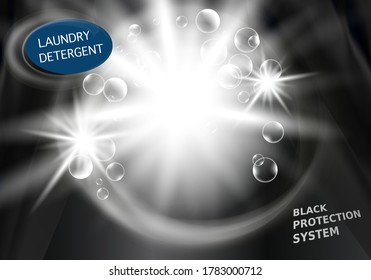 Elements Package design for laundry detergent and liquid detergents for black and dark fabric with soap bubbles. Shine background. Vector illustration.