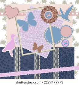Elements and paper paterns for scrapbooking. Birds, butterflies, frames, hearts, buttons, patterns.  Vector illustration