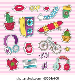 Elements of patch badges in cartoon style. Templates elements of headphone, music, cassette, clothes and style. Vector illustration. Set of stickers.