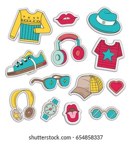 Elements of patch badges in modern style. Templates elements of headphone, music, shirt and  style clothes. Vector illustration. Set of stickers.