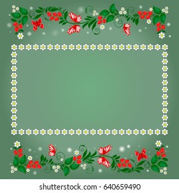 Elements of a pattern of butterflies and grass with a floral frame inside on a green background