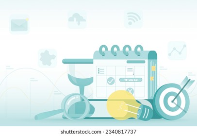 Elements of payment tax, income, time management, modify assignment, schedule plan, work task to achieve business success. Flat vector design illustration.