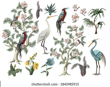 Elements peonies and birds in chinoiserie style isolated. Vector interior print