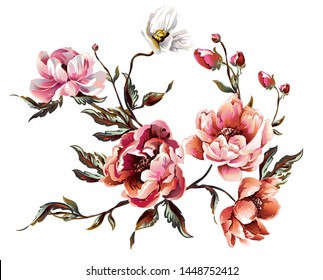 Elements of peony flower with bugs and leaves, brunch with peony flower, floral element, flower composition on white