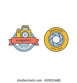 Elements for photographer logos. Two round emblems for cameraman. Lens reflex camera with flash. Lens aperture. Modern line art style