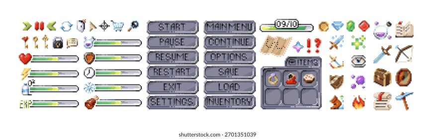 Elementos do conjunto de menus do jogo de pixels. Ícones de jogos de vídeo de 8 bits. 8 bits itens e botões de iniciar e pausar, barras de saúde e poder. IU retroativa de recursos. Ilustrações isoladas planas de vetor em branco