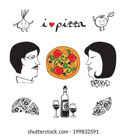 Elements for pizzeria. I love pizza. Vector illustration.