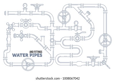 Elements of a plumbing. Pipes, cranes. Linear design Vector illustration