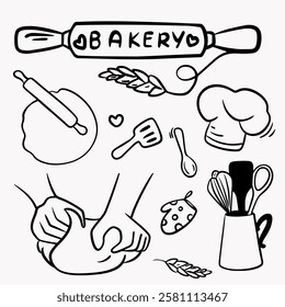 Elements for preparing food for cooking: chef's hat, jump rope, spatula, hands with dough, set of cutlery, spatula, oven mitt, bakery inscription