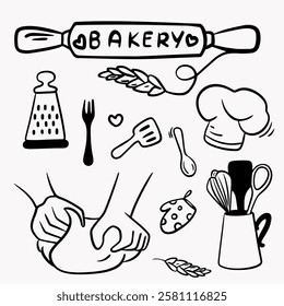 Elements for preparing food for cooking: chef's hat, jump rope, spatula, hands with dough, set of cutlery, grater, potholder, bakery inscription