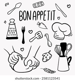 Elements for preparing food for cooking: chef's hat, jump rope, knife and fork, hands with dough, set of cutlery, grater, oven mitt, bon appetit inscription