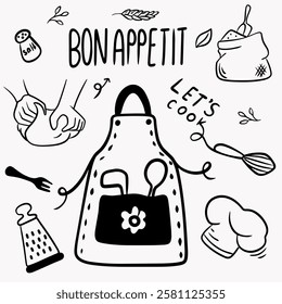 Elements for preparing food for cooking: chef's hat, bag of flour, fork, hands with dough, set of cutlery, grater, apron, salt, bon appetit inscription