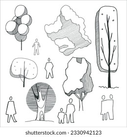 Elements for the presentation of an architectural project. Entourage and staffing. Silhouettes. Trees. Cloud.