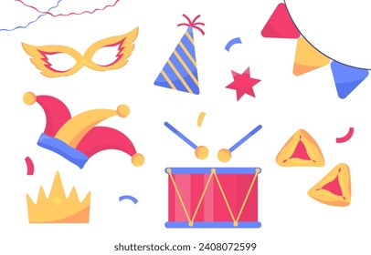 Elemente des Purim-Sets. Maske für Maskaden. Trommel mit Stöcken und bunten Kegel mit Konfetti und farbenfrohen Flaggen. Event und Party. Cartoon-FlachVektorgrafik, einzeln auf weißem Hintergrund