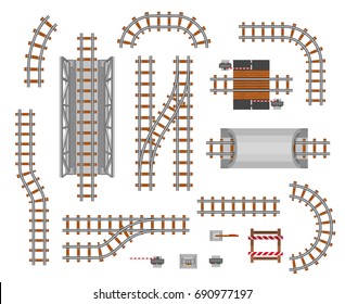 The Elements Of The Railroad. Train Pathway Section, Passengers Transferring Track, Business Way Perspective. Vector Flat Style Illustration Isolated On White Background