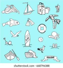 Elements of recreation at sea. Vector illustrations, isolated on white background.