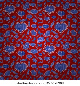 Elements red, blue and white colors on background. Vector pattern for your creativity. Seamless festive texture with doodle hearts and love inscription.