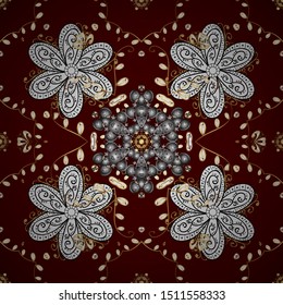 Elements with red, white and brown colors. Vector illustration. Snowflakes with different ornaments. Retro textile collection. Simple Christmas seamless pattern with geometric motifs.