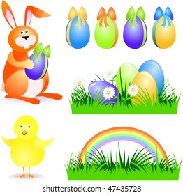 Elements related to Easter: rabbits, chocolate eggs, chicks. Vector