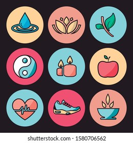 Elements of relaxation and well-being. Water drop icons, candles, sports shoe, lotus flower, leaves, ying yang, apple and healthy heart. Nice colors. Editable vector.